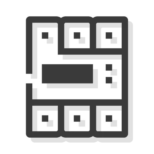 Graues Symbol eines Schaltkreises mit mehreren quadratischen und rechteckigen Elementen.