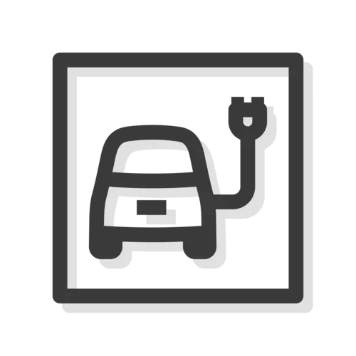 Graues Symbol eines Autos mit einem Ladekabel, das aus dem hinteren Teil des Fahrzeugs herausragt.