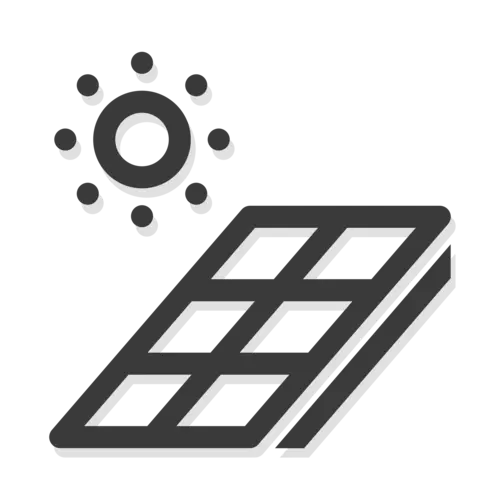 Graues Symbol eines Solarpanels mit der Sonne darüber, das die Energieerzeugung durch Sonnenlicht darstellt.