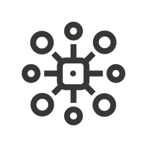 Symbol mit einem zentralen Quadrat, von dem acht Linien zu Kreisen ausgehen, Darstellung eines Netzwerks