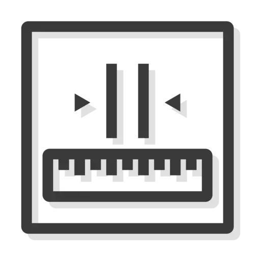 Graues Icon eines quadratischen Rahmens mit zwei vertikalen Linien, Pfeilen auf der linken und rechten Seite sowie einem Lineal am unteren Rand.