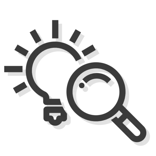 Ein graues Symbol, das eine Glühbirne und eine Lupe zeigt, die nebeneinander angeordnet sind.